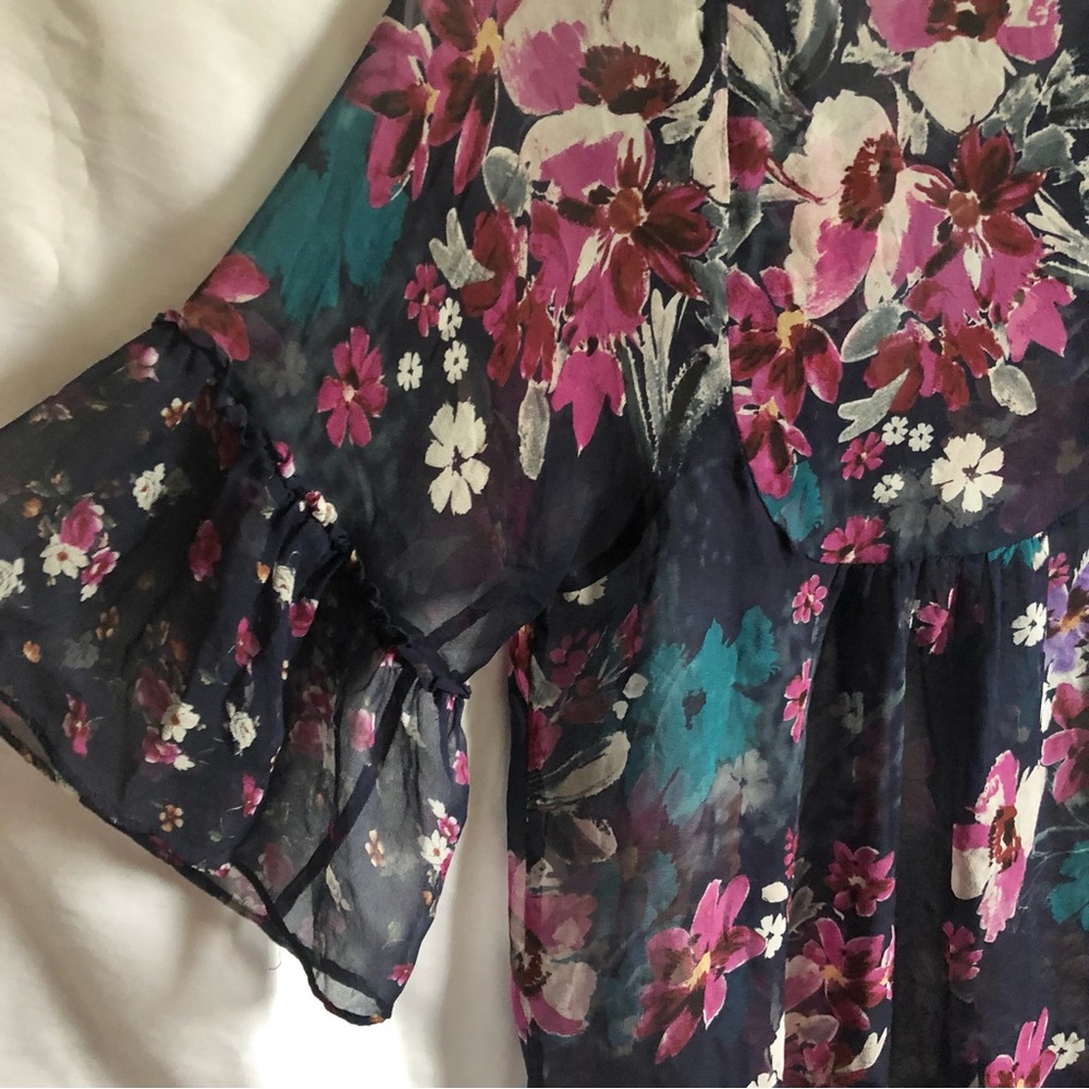 Mango MNG sheer navy blue floral silk blouse top